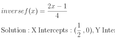 The inverse of f(x)=(2x-1)/4 is X Intercepts: (1/2 ,0),Y Intercepts: (0,-1/4)